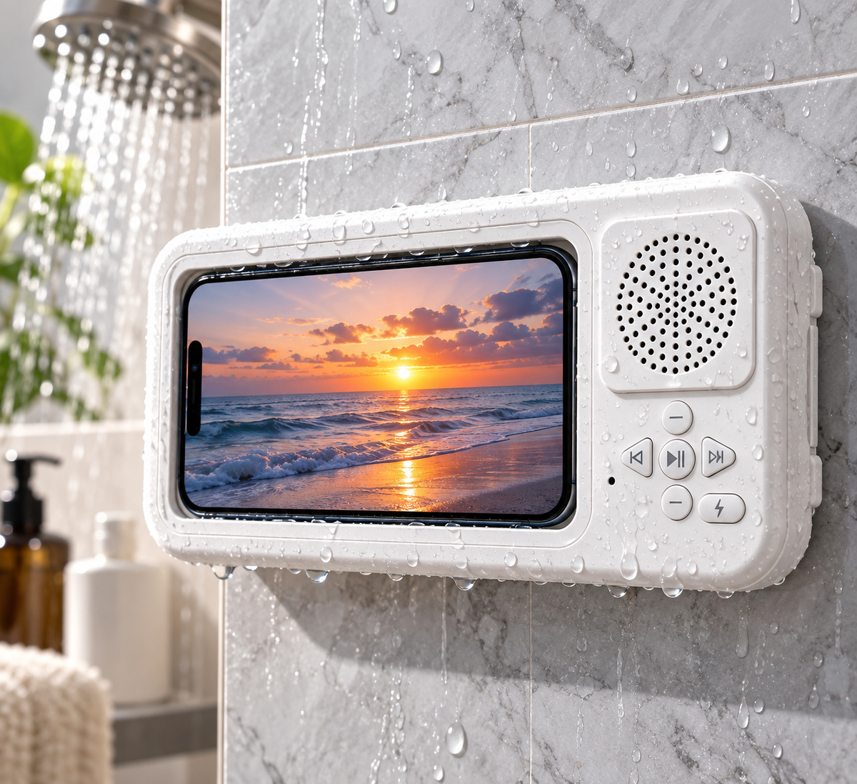 ShowerSync™ Waterproof Phone Holder + Bluetooth Speaker