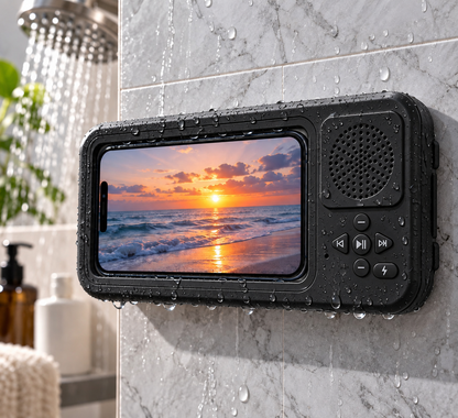 ShowerSync™ Waterproof Phone Holder + Bluetooth Speaker