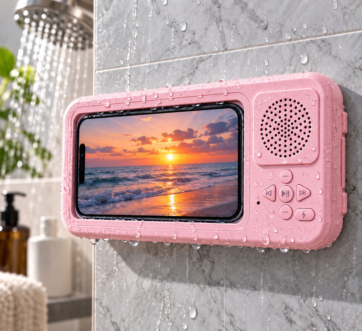 ShowerSync™ Waterproof Phone Holder + Bluetooth Speaker
