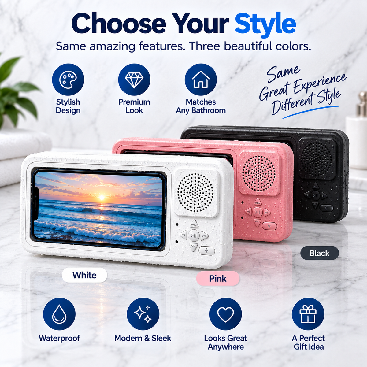 ShowerSync™ Waterproof Phone Holder + Bluetooth Speaker