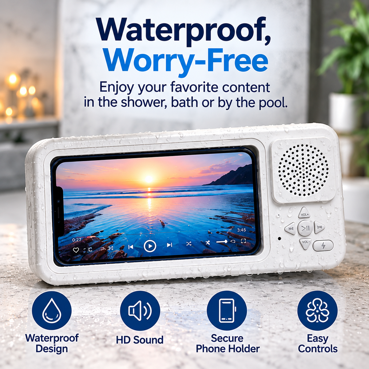 ShowerSync™ Waterproof Phone Holder + Bluetooth Speaker