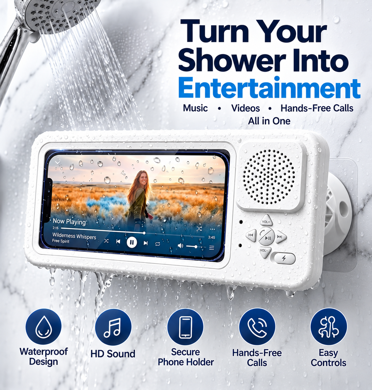 ShowerSync™ Waterproof Phone Holder + Bluetooth Speaker