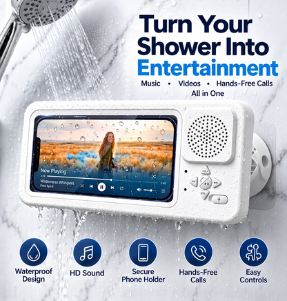 ShowerSync™ Waterproof Phone Holder + Bluetooth Speaker